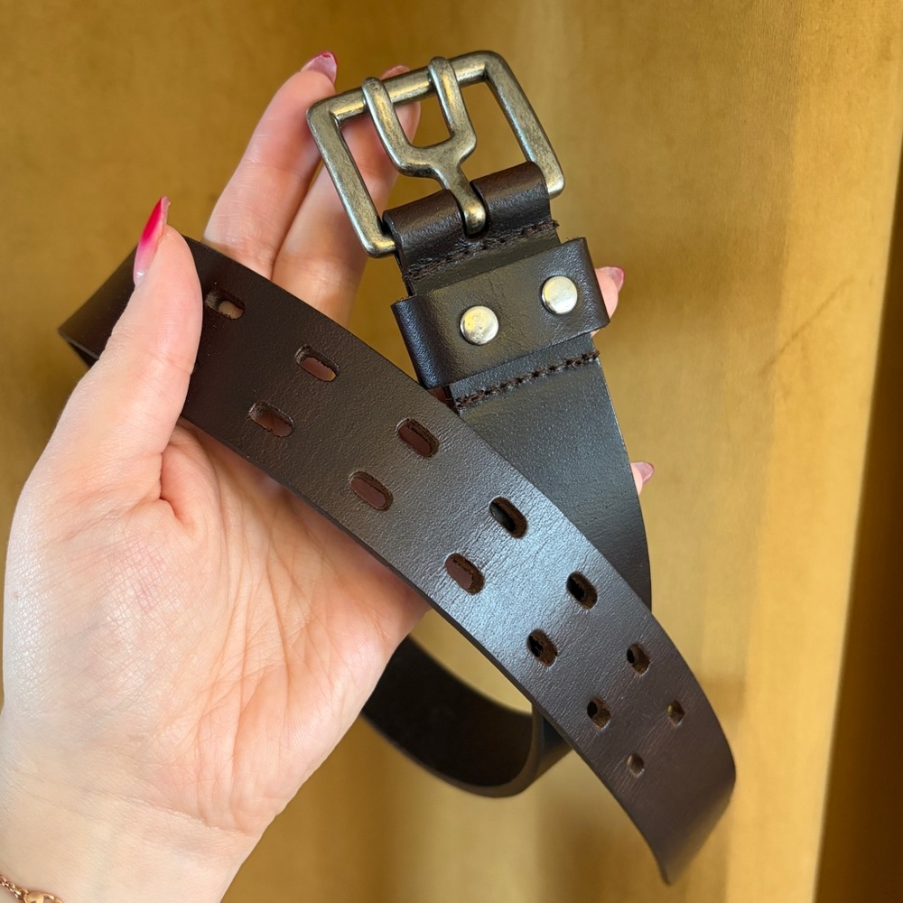 Vintage 90s Y2K Dark Brown Leather Belt – Double Prong Buckle